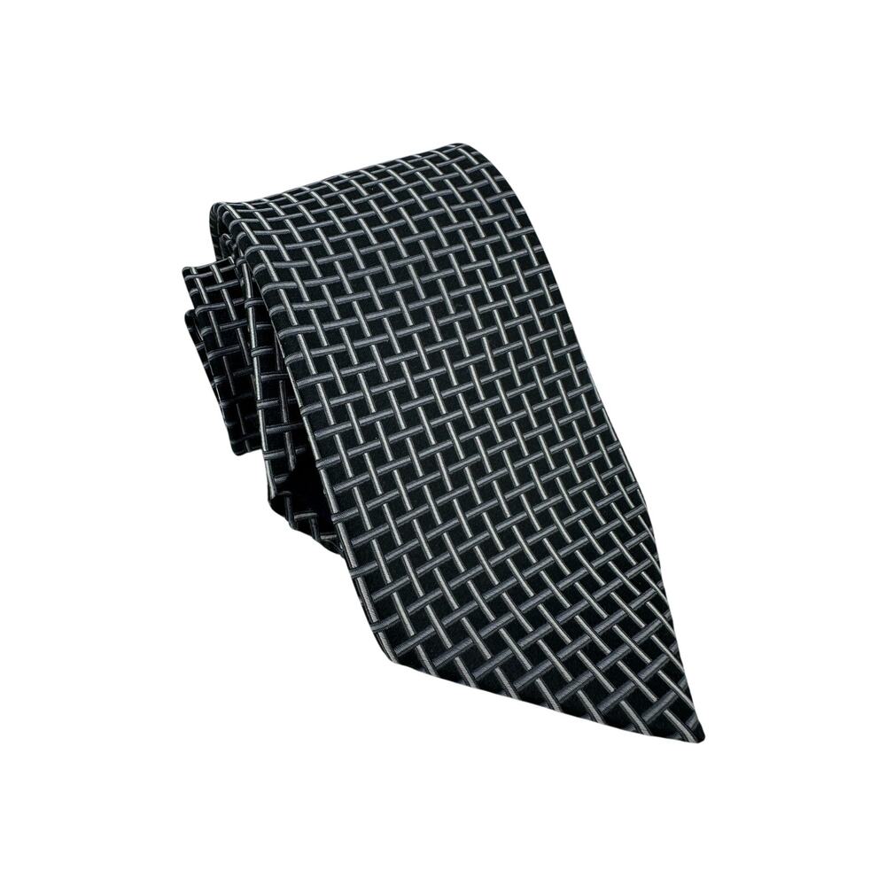 Jones New York Black Gray Geometric Woven Silk Necktie Classic Basket Weave 58”